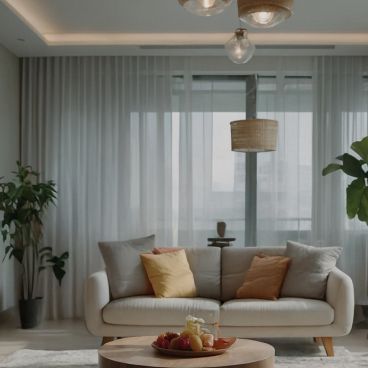 Apartment living room interior with warm lighting and comfortable furniture
