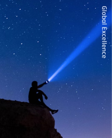 A person shining a light into the starry night sky, symbolizing the spirit of Hyosung's global excellence