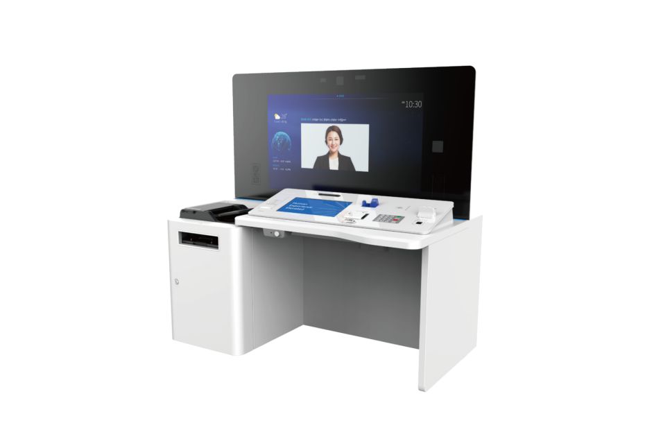 Customer receiving remote financial consultation using Hyosung TNS’s world-first digital kiosk solution, Digital Desk®