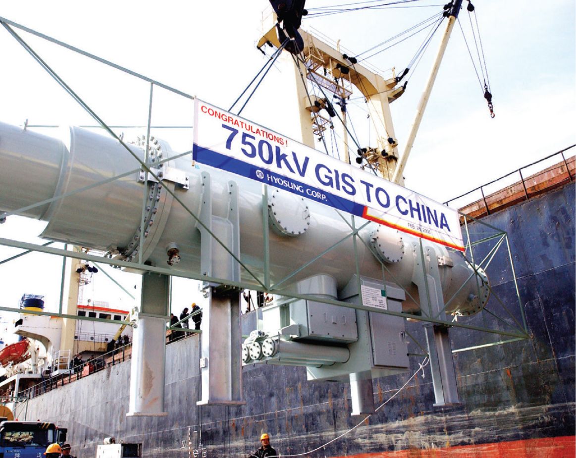 Hyosung Heavy Industries loading 750kV Gas Insulated Switchgear (GIS) units onto a ship for export to China