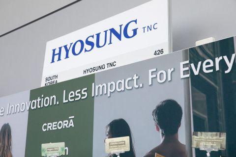 Hyosung showcasing sustainable and high-performance textile innovations, including regen BIO Spandex and CREORA specialty fibers, at Functional Fabric Fair NYC 2026.